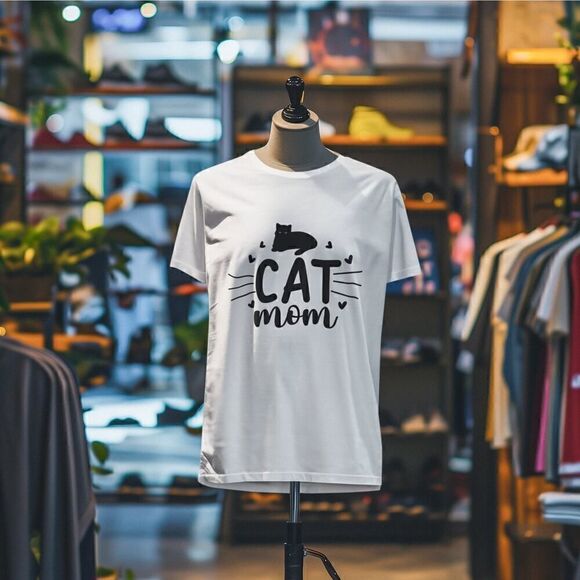 Cat Mom Printed White T-Shirt Cat Desing and Whiskers Ideal for Cat Lovers - Picture 8 of 11